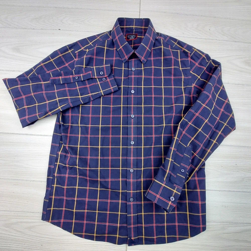 UNTUCKit Button Down Mens Large Navy Blue Red Yellow Plaid Slim Fit Wrinkle Free - Picture 2 of 6